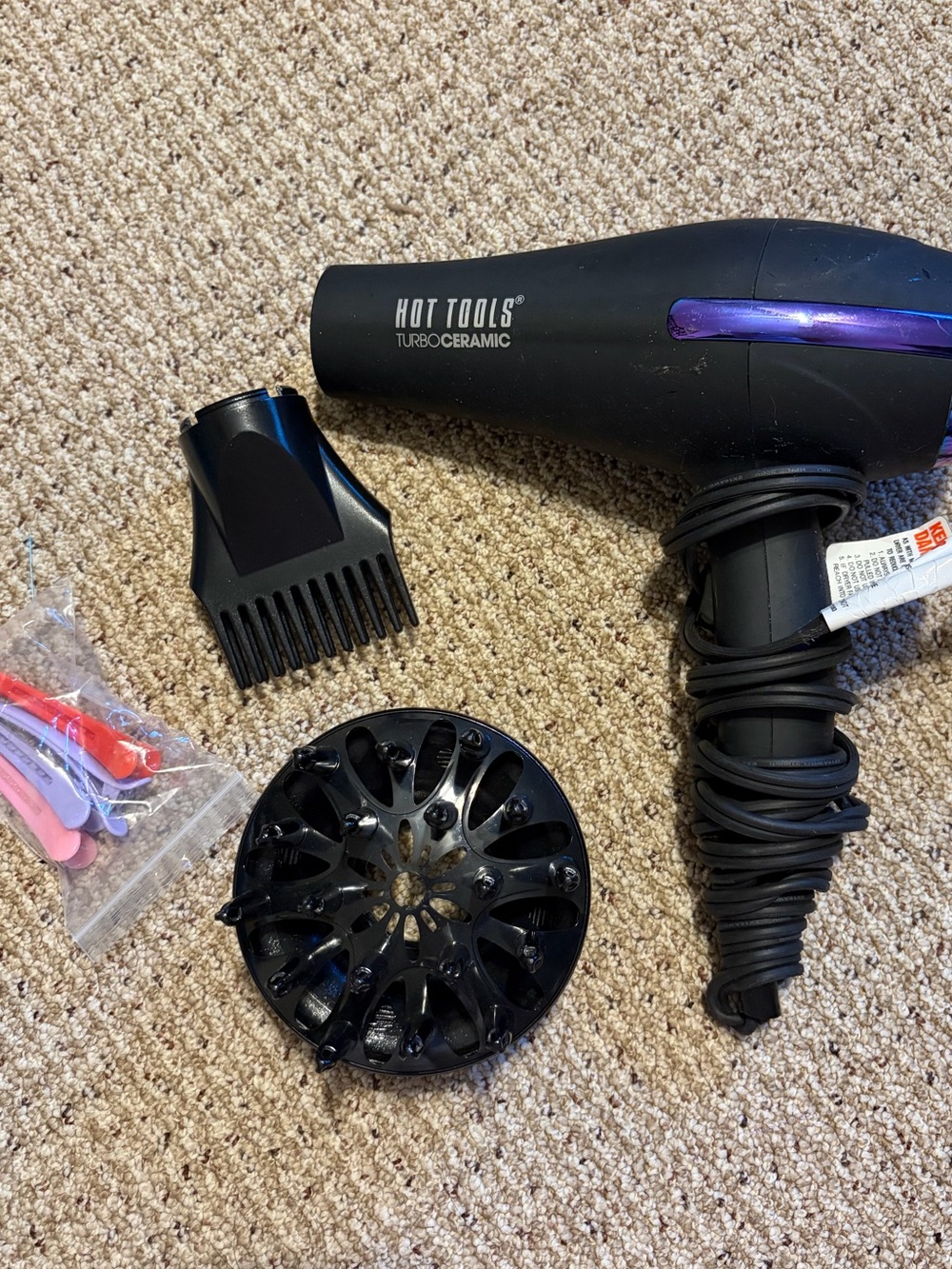 Hot Tools Turbo Ceramic Black Hair Dryer with Diffuser and Comb Attachments